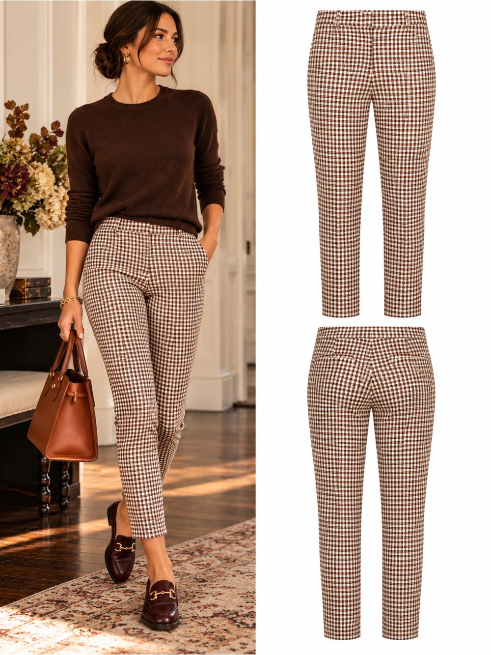 Theory Skinny Legging M Grid Stretch Cotton Check Pants Brown Cream Size 0